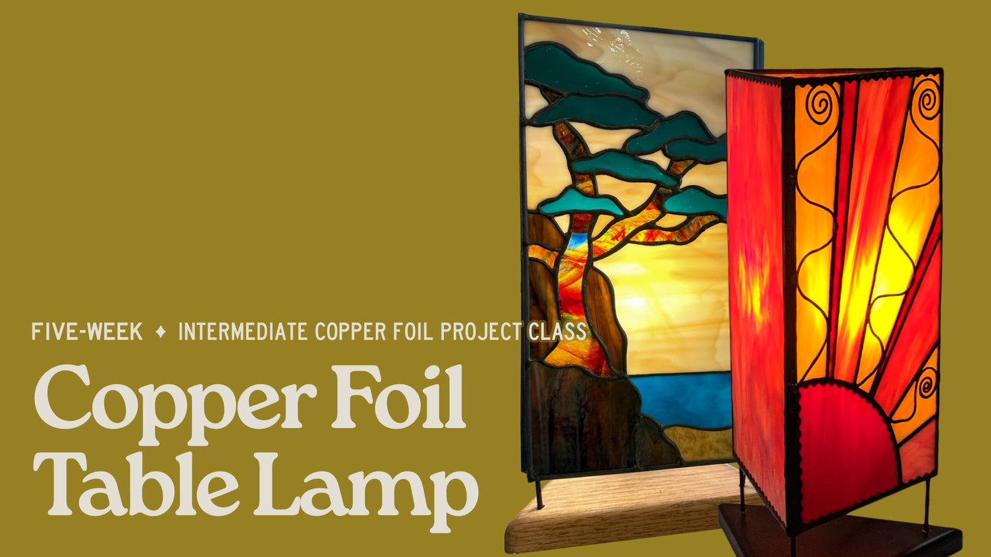Copper foil table lamp with artistic design on a green background