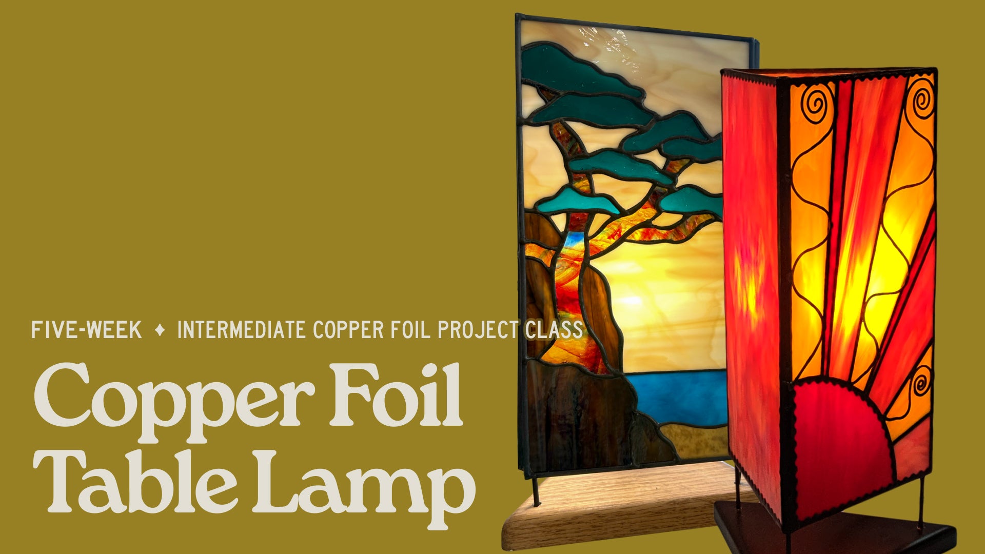 Copper foil table lamp with artistic design on a green background